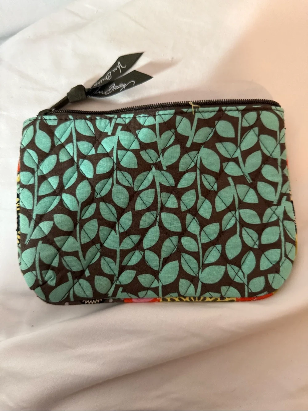 Vera Bradley Quilted Cosmetic Bag Teal Brown Leaf Print Zip Makeup Pouch